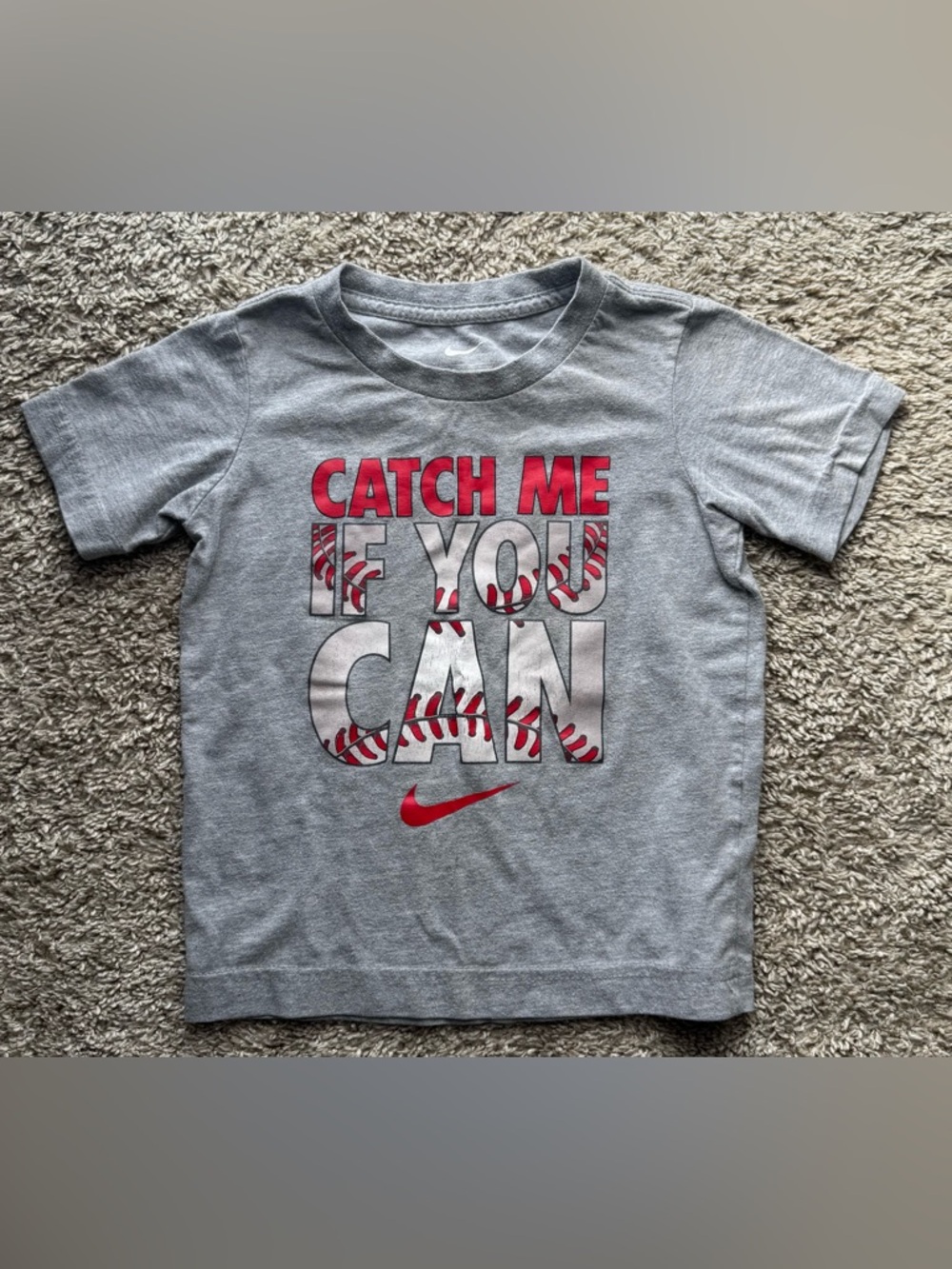 Nike Toddler Boys Gray “Catch Me If You Can” Baseball Tee Size 3T